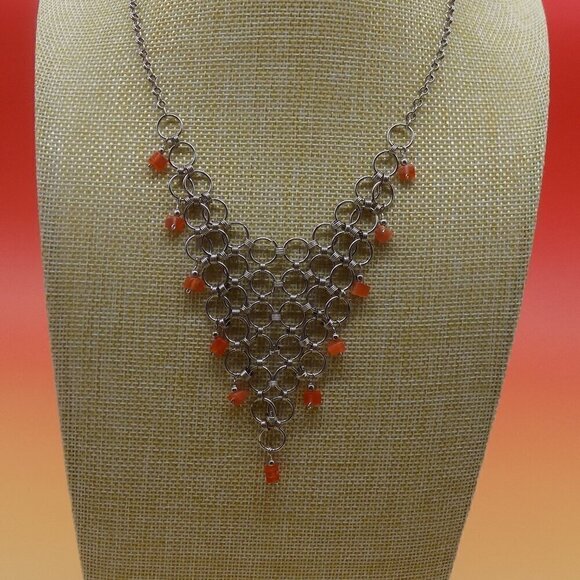 Vintage Mesh Choker Bib Necklace Silver Tone Orange Glass Square Beads - Picture 5 of 11